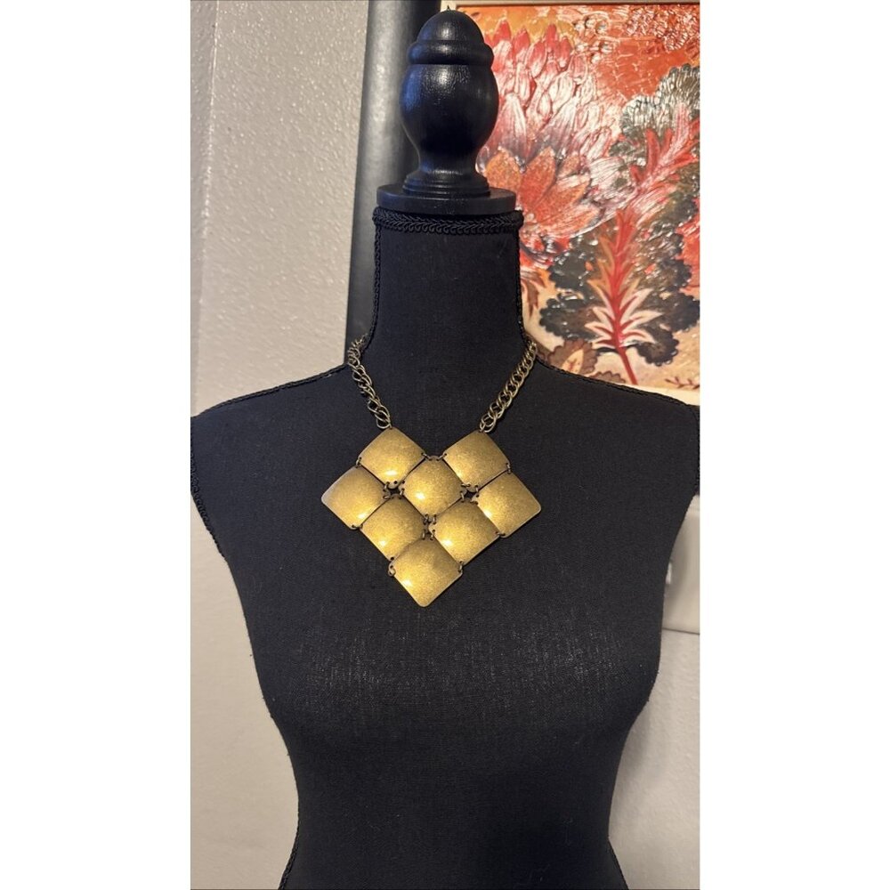Irene Square Cluster Pendant Brass Gold Tone 11" Long Statement Necklace NEW